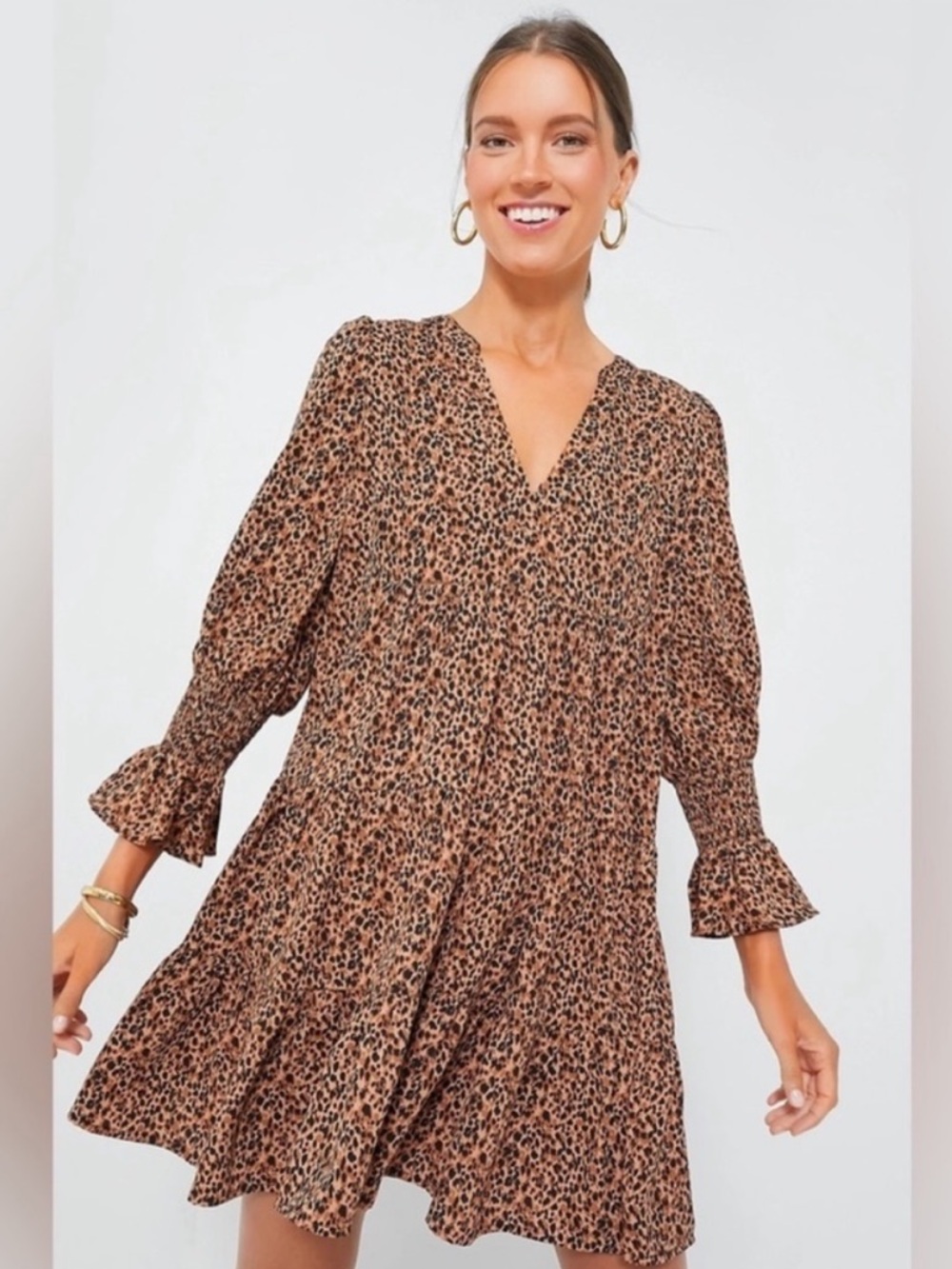 Pomander Place "Kenzo" Leopard Print Orange Brown Black V-Neck Tiered Dress